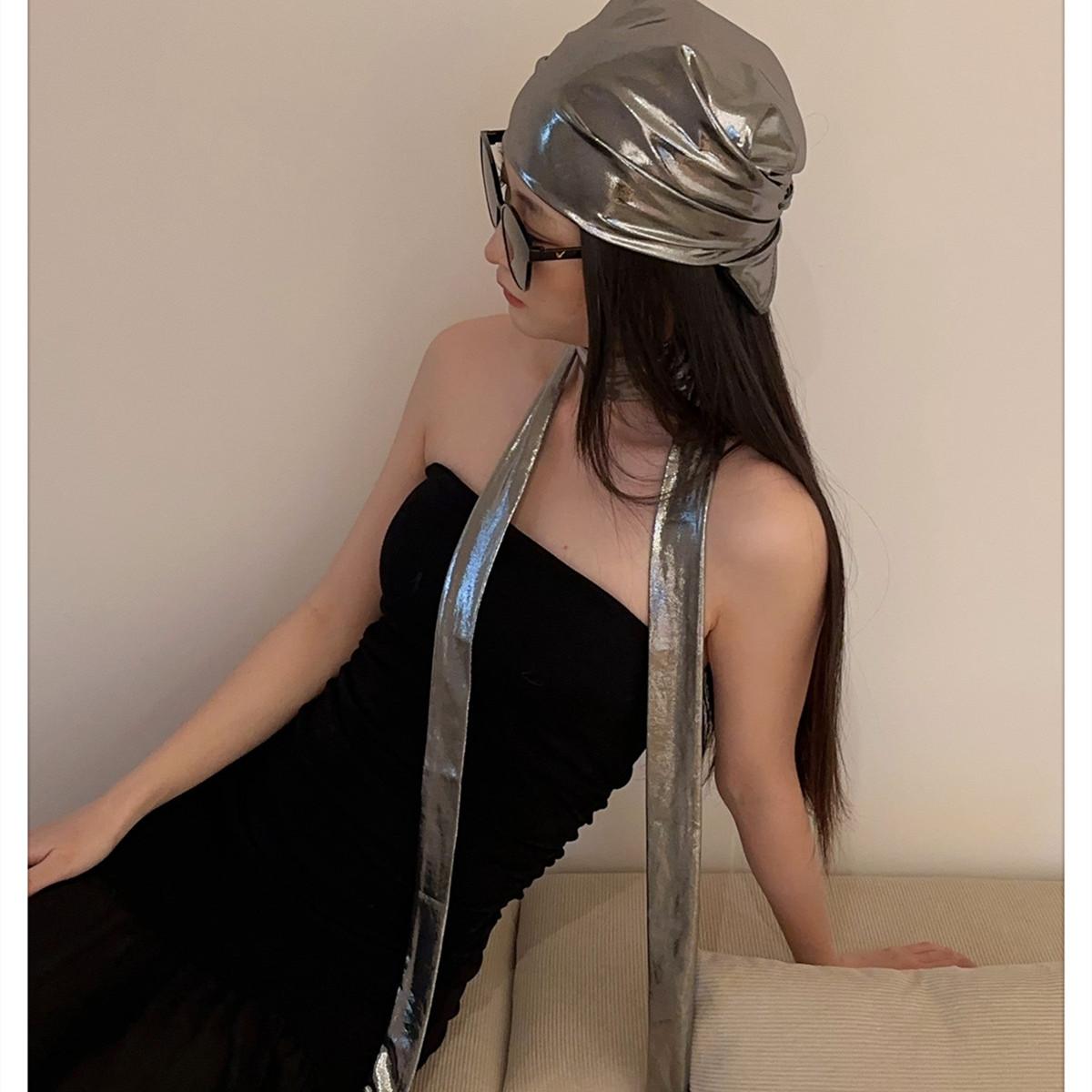 

Liquid Metal Silver Color Vintage Bandana Y2K Long Ribbon Scarf 2 Piece Set Woman Techwear Style Hip Hop Street Dance Headscarf One Size срібний
