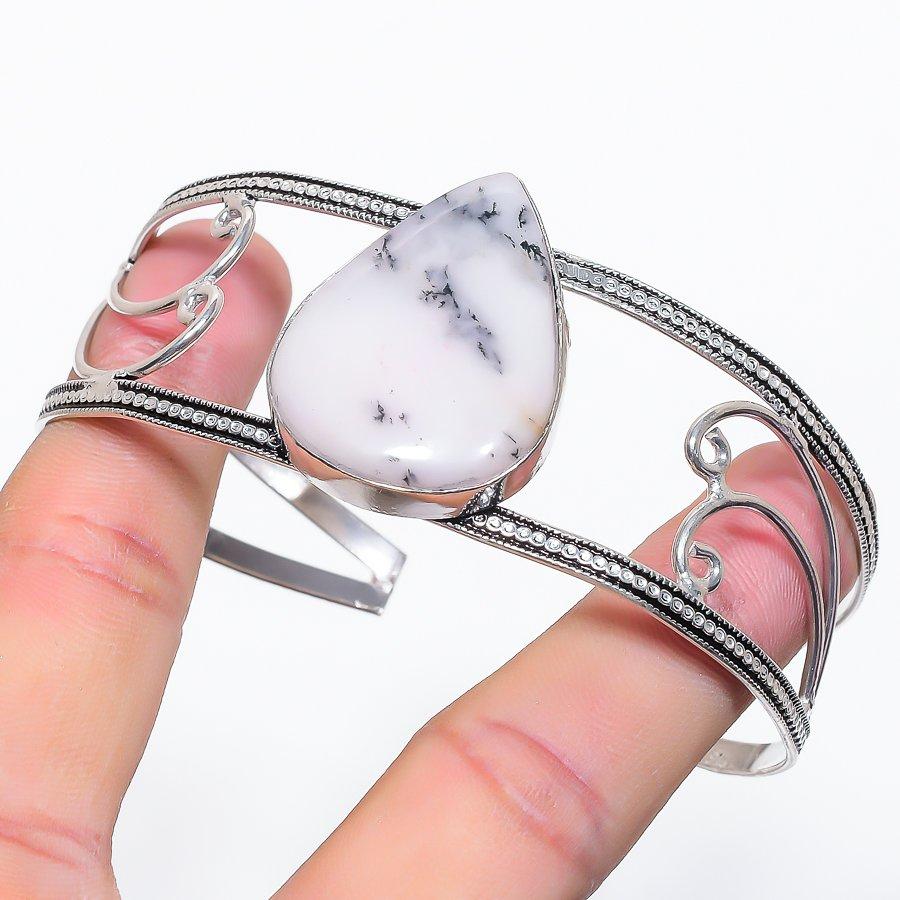 Natural Dendrite Opal Gemstone 925 Sterling Silver Cuff Bangle Adjustable d2S26
