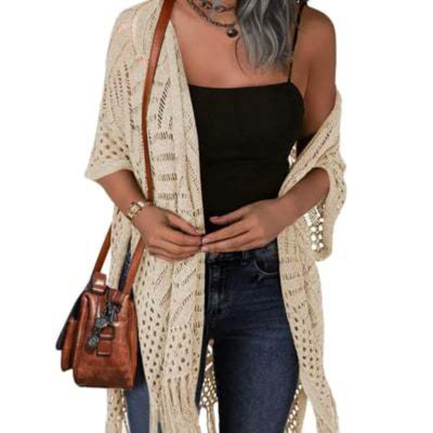 Women s V Neck Short Sleeve Cardigan Loose Fit Crochet Knit Open Front Tassel Sweater S