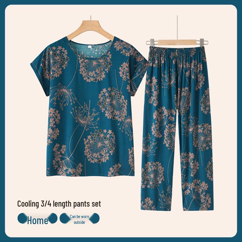 

Grandma s Summer Cotton-Silk Casual Pajama Set: Printed Loose T-shirt & Pants 3XL (120-135 lbs)