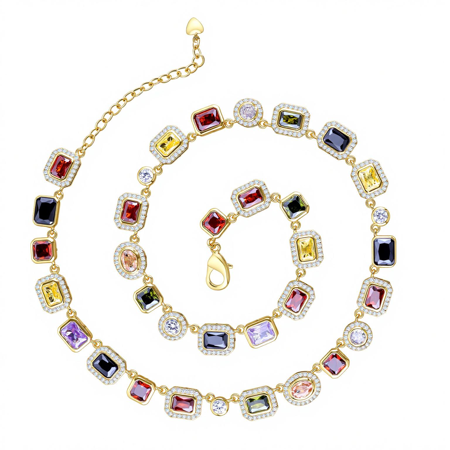 Хип-хоп Цветные драгоценные камни Женские украшения Ожерелье Аксессуары Высокий уровень Циркон Мужское ожерелье 7inch золотой