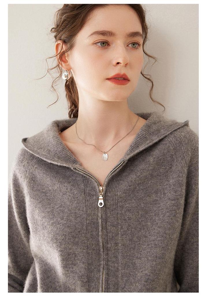 Autumn/Winter 2024 Women's Cashmere Knit Hooded Cardigan - Zipper, Solid Color, Loose Fit
