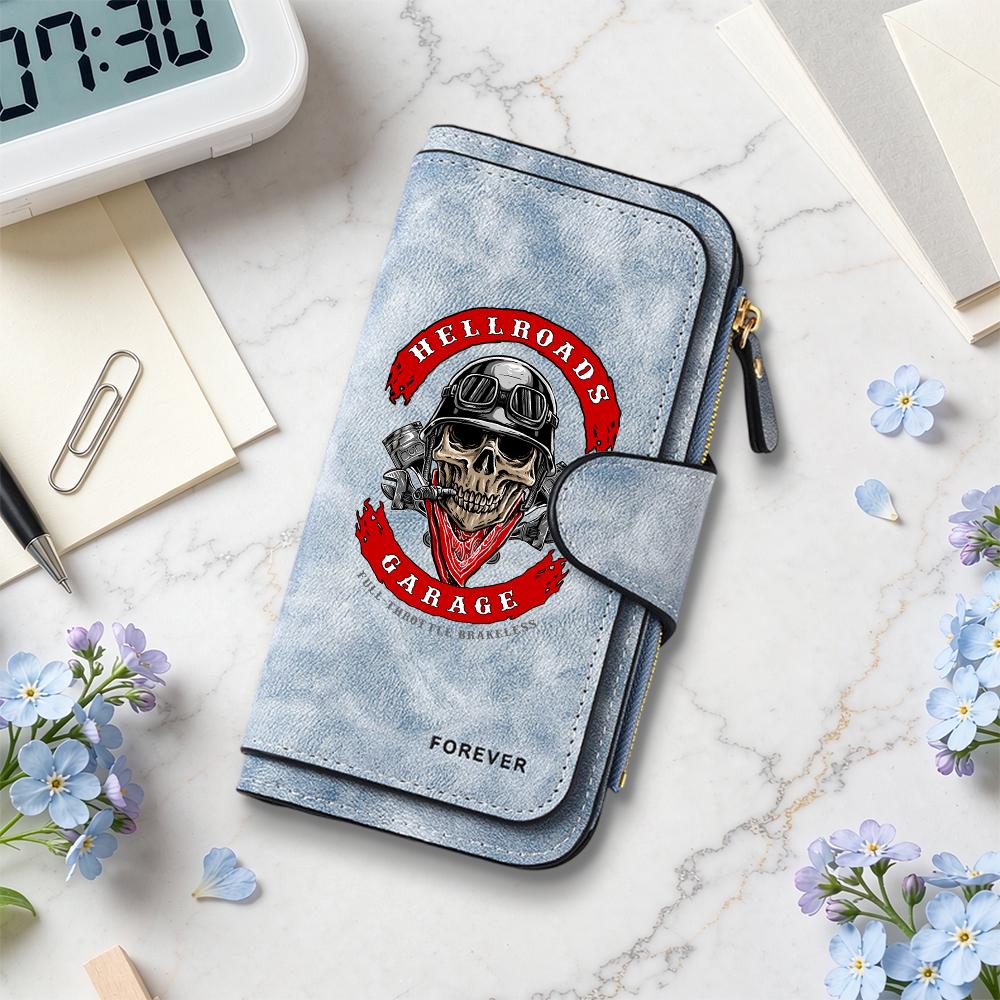 Vintage Biker Skull Print Leather Wallet Fashion Casual Multicard Long Purse