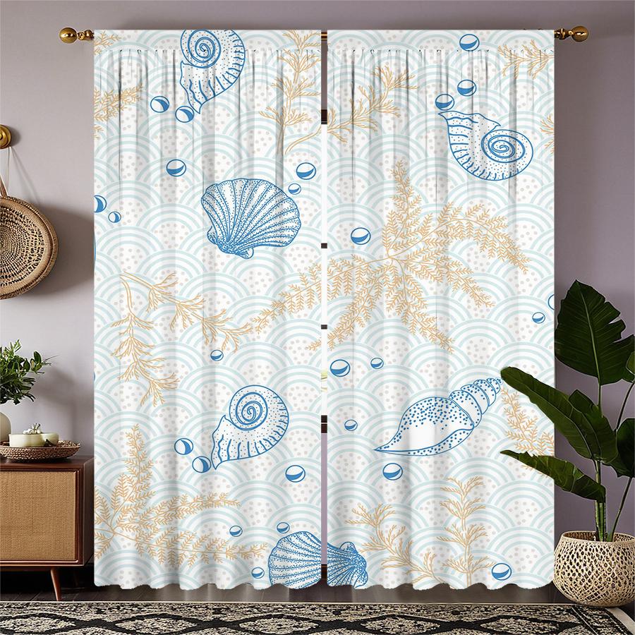 Set Of 2 Shell Conch Printed Curtains Pole Bag Christmas Decorations Home Room Curtain Made Polyester