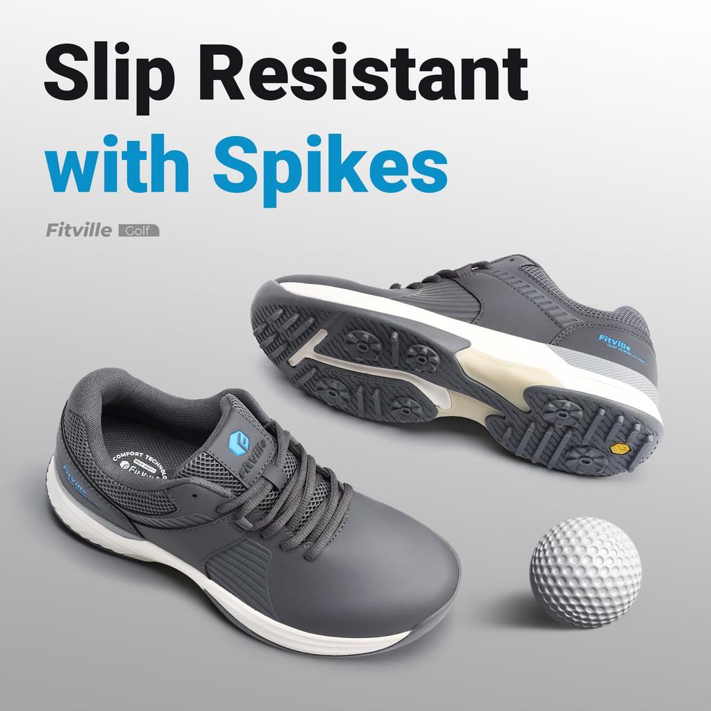 FitVille Men's Wide Golf Shoes, 2E/4E, Spikes, Lightweight, Water-Repellent, High-Instep, Perfect for Beginners and Practice, Plus Sizes Available
