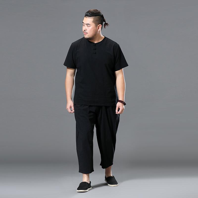 Summer linen suit men's buckle short-sleeved t-shirt ice silk thin trendy men's Chinese shorts cotton and linen two-piece set