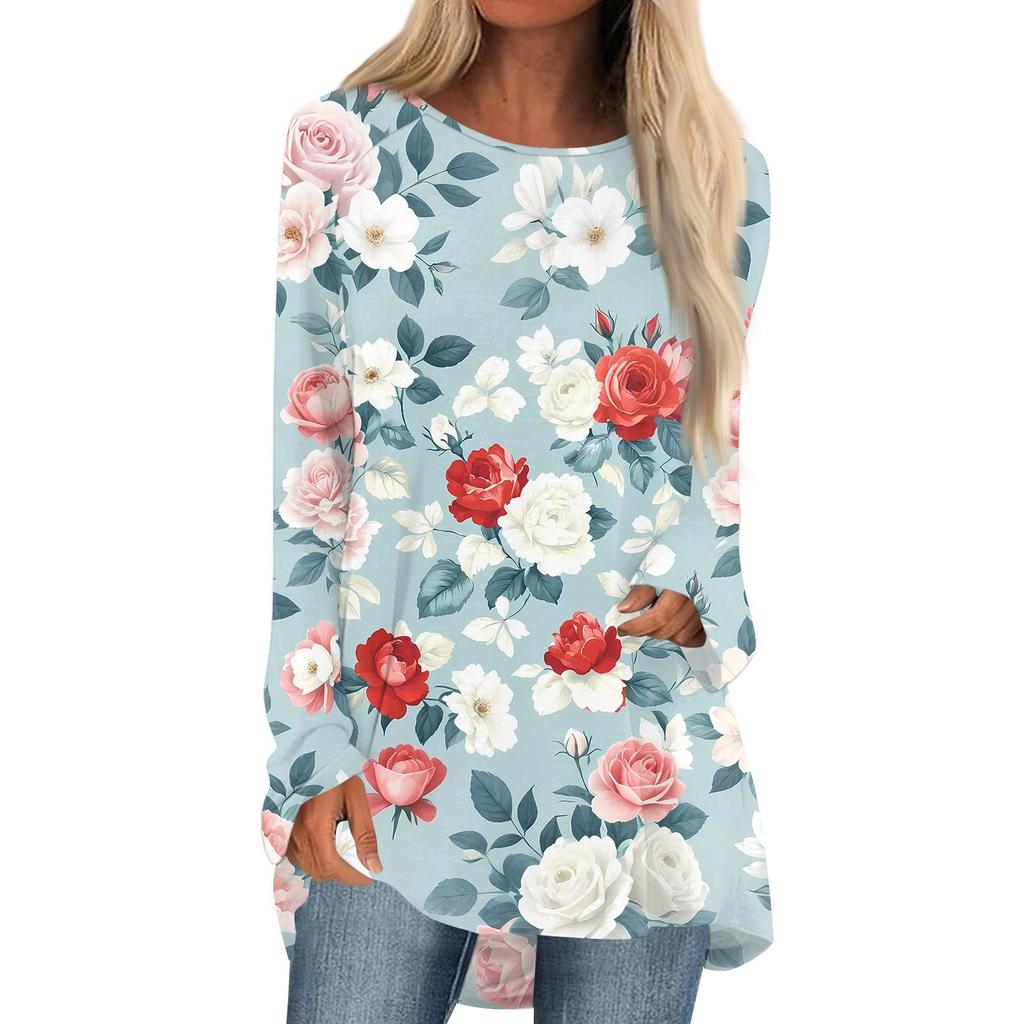 Women's Fashion Casual Long Sleeve Print Round Neck Pullover Top Blouse