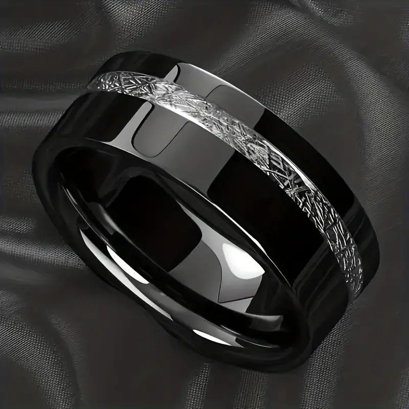Fashion 8mm Black Stainless Steel Ring For Men Vintage Copper Color Meteorites Inlaid Promise Ring Men Wedding Band Jewelry Gift