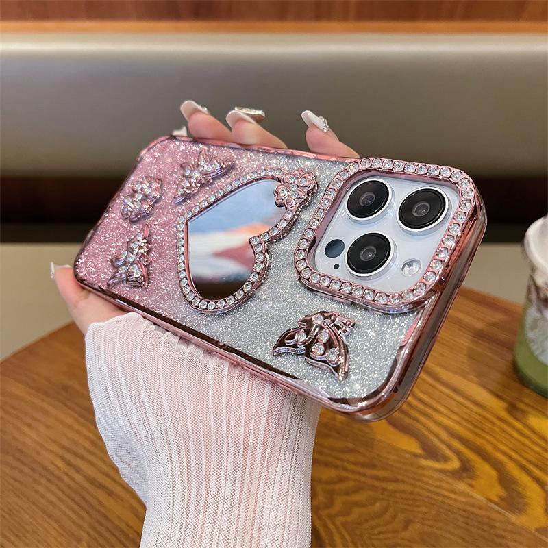 Electroplating love mirror iPhone16promax mobile phone case rhinestone Apple 15 for 14 glitter 13 Pro New