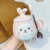 Cute Ceramic 3D Cartoon Rabbit Bunny Coffee Mug with Rabbit Ear Lid and Carrot Spoon, Fun and Novelty Gift for Women Girls