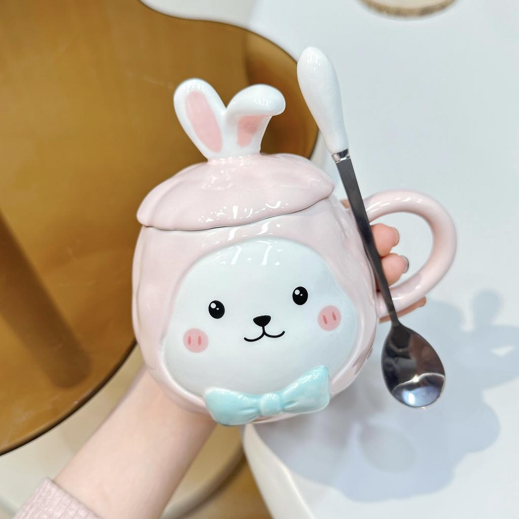 Cute Ceramic 3D Cartoon Rabbit Bunny Coffee Mug with Rabbit Ear Lid and Carrot Spoon, Fun and Novelty Gift for Women Girls