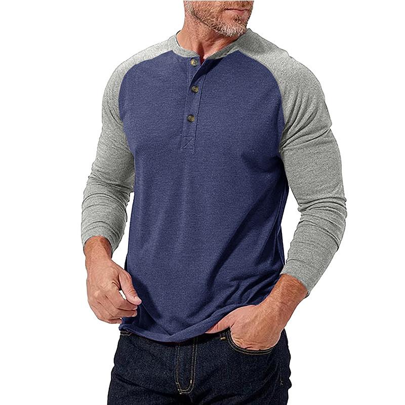 New Autumn and Winter Men's Long-sleeved Color-blocked Henry Shirt Men's Round Neck T-shirt Spliced Contrasting Color Slim Body