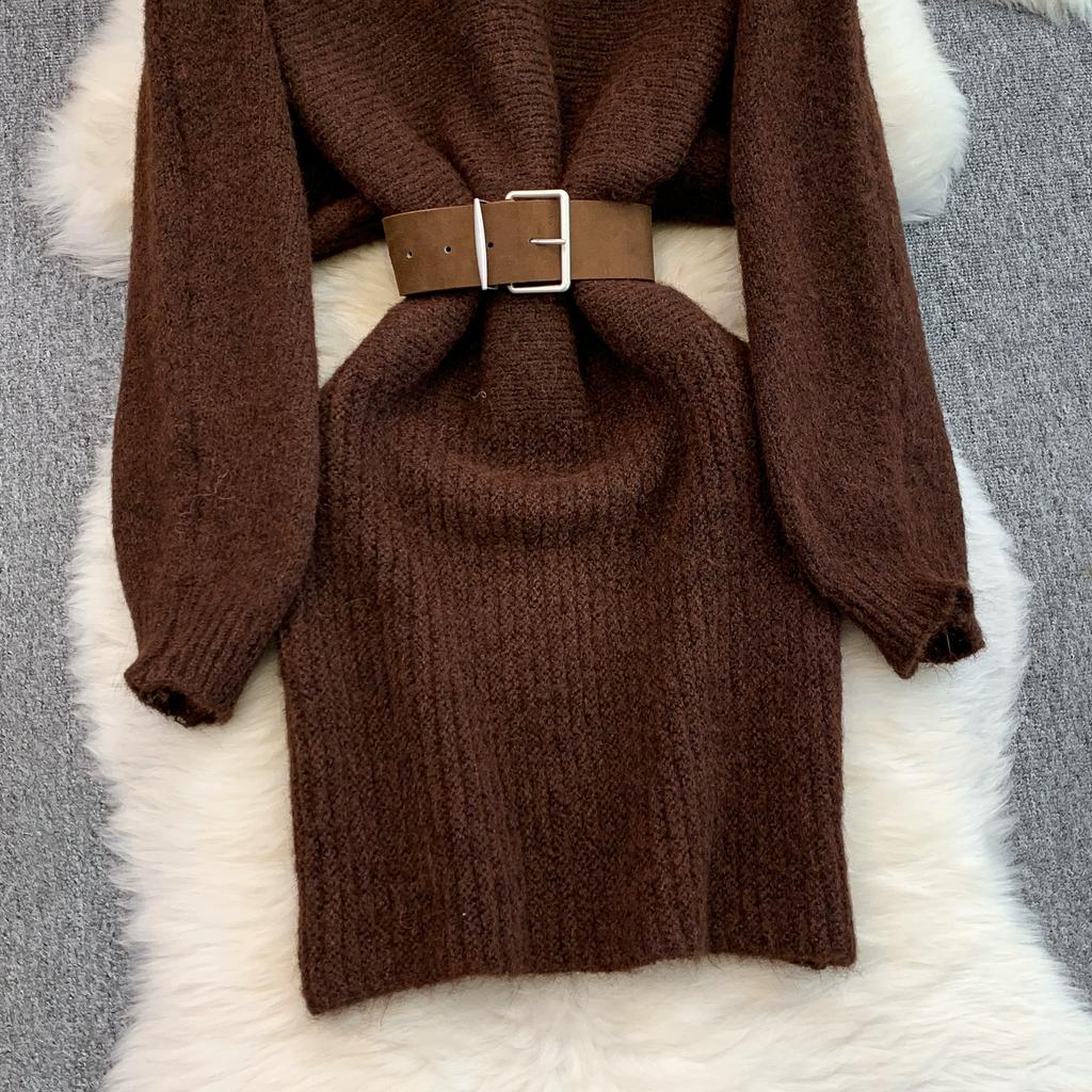 Autumn Winter Women Elegant O-neck Knitted Sweater Chic Mini Short Straight Pullover Dresses with Belt