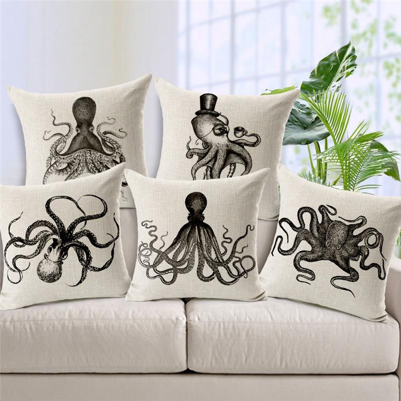 Helenal Unisex Black Decorative Throw Pillow Pillow Cover Case Squid Octopus Polyester Cushion Cover For Sofa Home Decor Funda Cojines 45X45