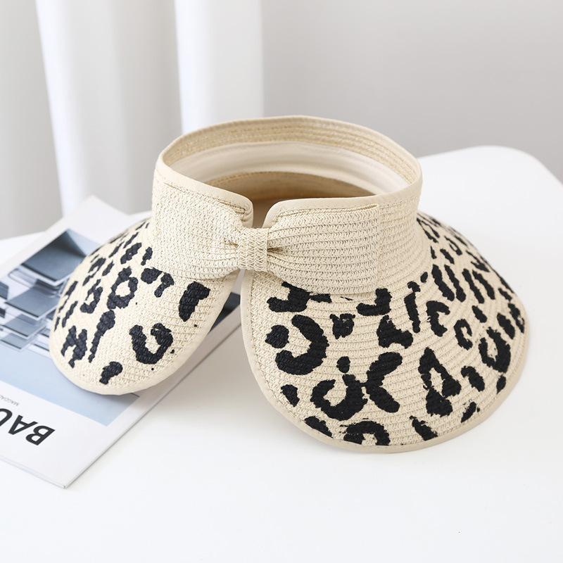 Spring and Summer Fashion Female Leopard Print Empty Top Straw Hat Sunscreen Sun Hat Paper Woven Grass Bow Large Edge Adjustable Sun Hat