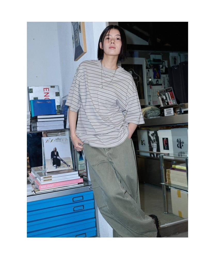 Saendeusaundeu (Unisex) Multi-Stripe Oversized Short Sleeve T-Shirt Beige