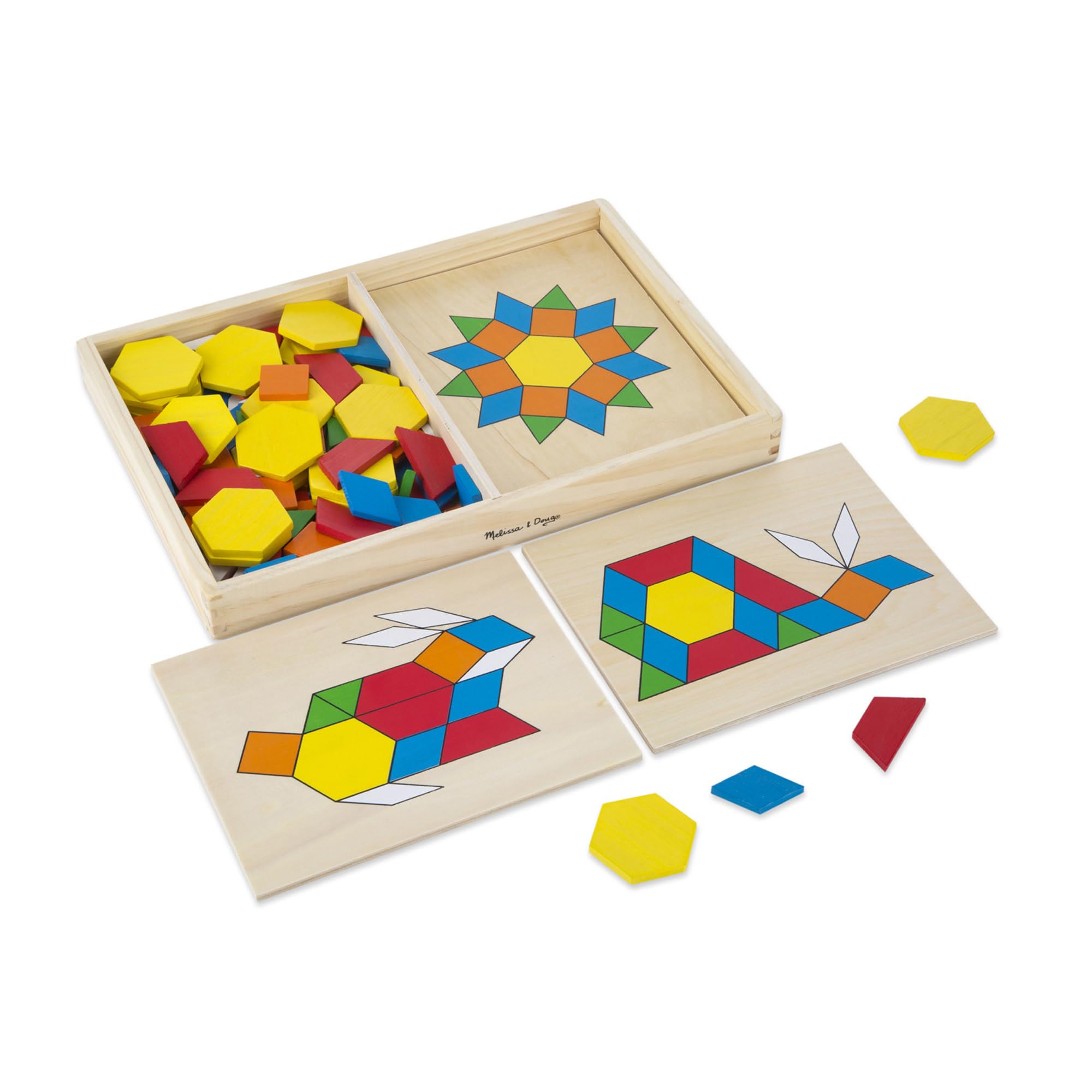 

Melissa & Doug Wooden Toy Pattern Blocks with Board, 125 Pieces, Authentic, 29