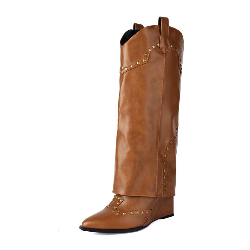 FOREADA Women Knee High Cowboy Boots Pointed Toe Height Increasing High Heels Rivets Western Long Boots Ladies Fashion Shoes Winter 43