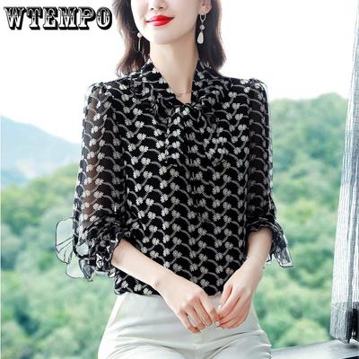 Summer Women's Floral Chiffon Shirt Long Sleeve Top Mom's Shirts Bottom Shirt Women's Top