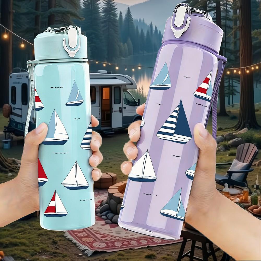 1PC Sailboat Sea Nautical 750ml Color Plastic Sports Water Bottle Leakproof Flip Straw Lid Suitable for Sports Office Home Use