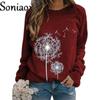 R Women Dandelion Print Round Neck Long Sleeve Sweatshirt Ladies Fashion Loose Casual Pullover