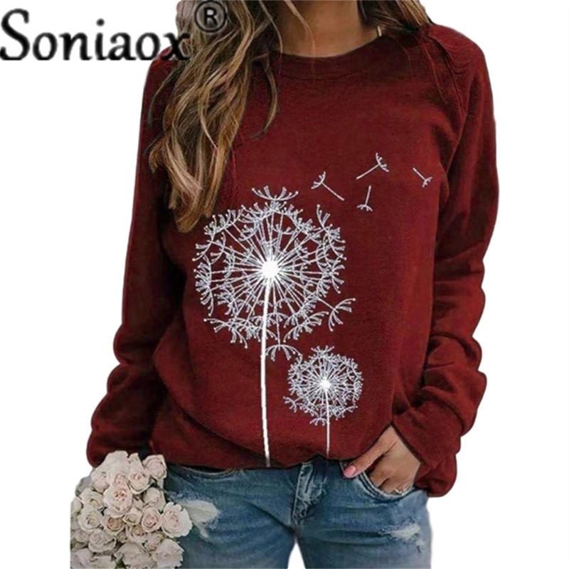 R Women Dandelion Print Round Neck Long Sleeve Sweatshirt Ladies Fashion Loose Casual Pullover