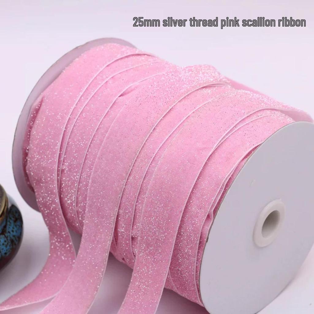Green Velvet Ribbon with Gold & Silver Glitter Thread for DIY Hair Accessories