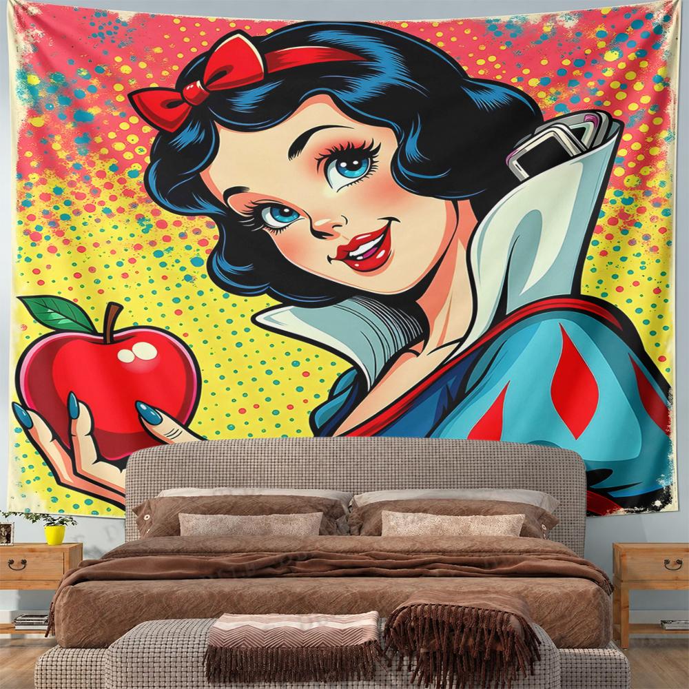 Landscape Wall Tapestry Pop-Art Snow White Holding Red Apple, Halftone Dots Retro, Wide Decor for Adult Fan Collector