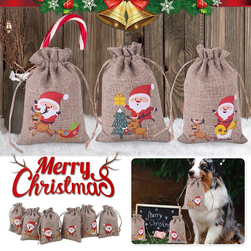 10Pcs Christmas Linen Gift Bag Santa Claus Jewelry Chocolate Candy Storage Gift Bag for Children Christmas Party