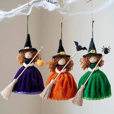 Handmade Witch Doll Hanging Ornament Velvet Material Hanging Stuffed Witch Broom Doll Soft Stuffed Holiday Decoration Pendant