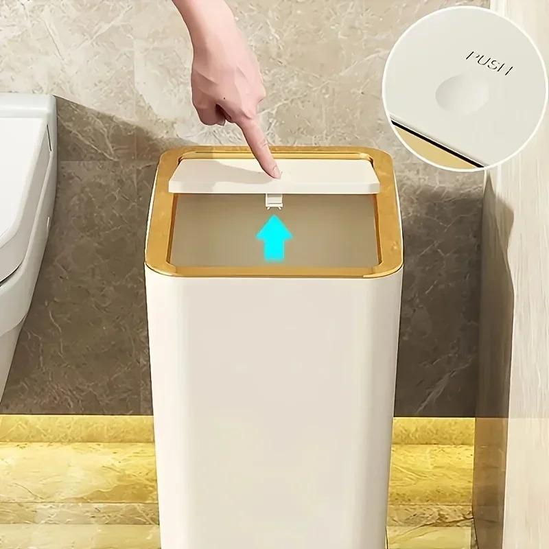 10L Odor Proof Trash Can with One-Touch Modern Design Durable Plastic Bathroom Kitchen Bin Space Saving Narrow Side Waste Bin