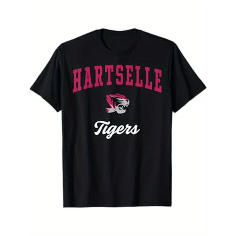 Футболка с символикой команды Hartsville High School Tigers. Черная с красно-белым узором в виде головы тигра и надписью HARTSELL. S