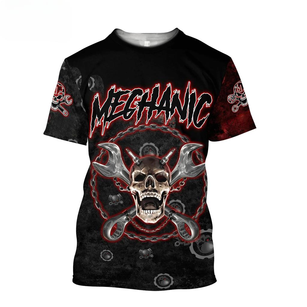 Letnie T-shirty męskie z okrągłym dekoltem, z nadrukiem 3D wzoru mechanicznej czaszki, modne, codzienne, z krótkim rękawem