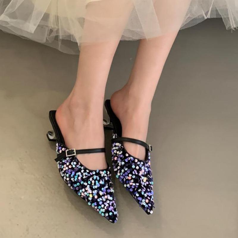 Luxury Colorful Bling Designer Slide Sandals Women 2025 Summer Sexy Pointed Toe Women Slippers Elegant Low Heeled Mules Loafers