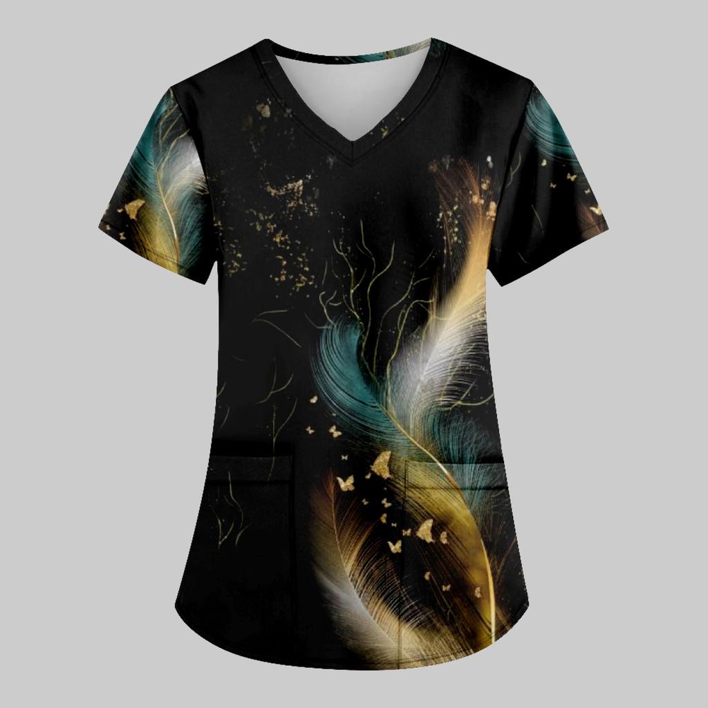 Women's Fashion Printed Work Uniform With Pocket T-Shirt Short Sleeve Top