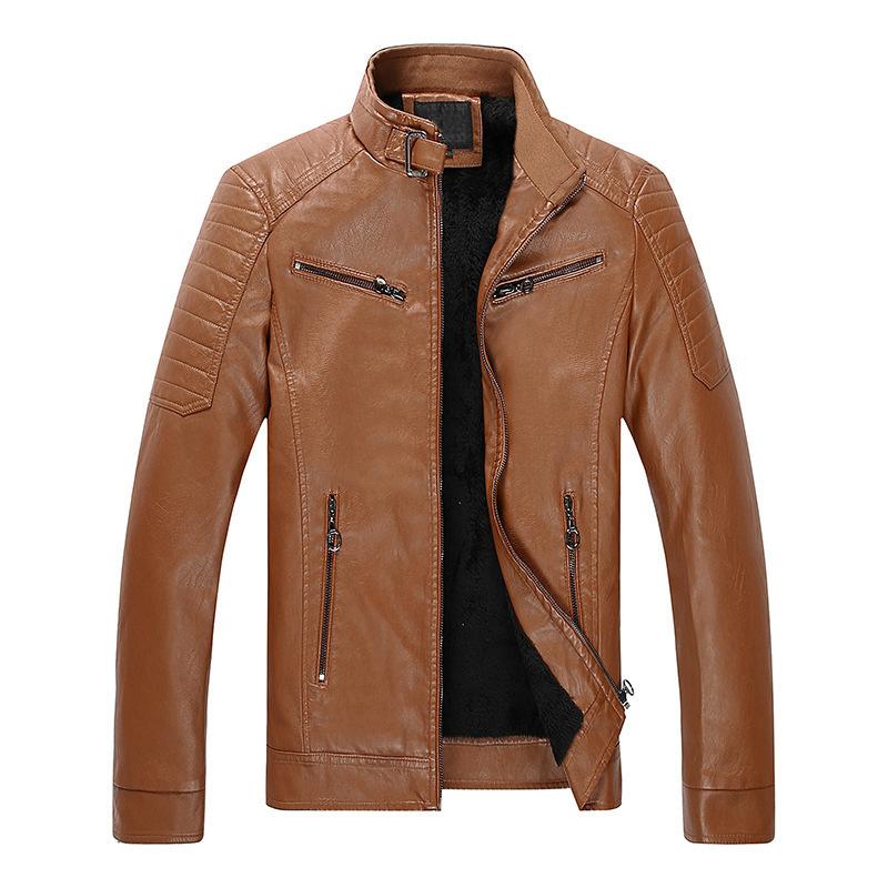 New Men's Fashionable Solid Color Leather Jacket Stand Collar Striped