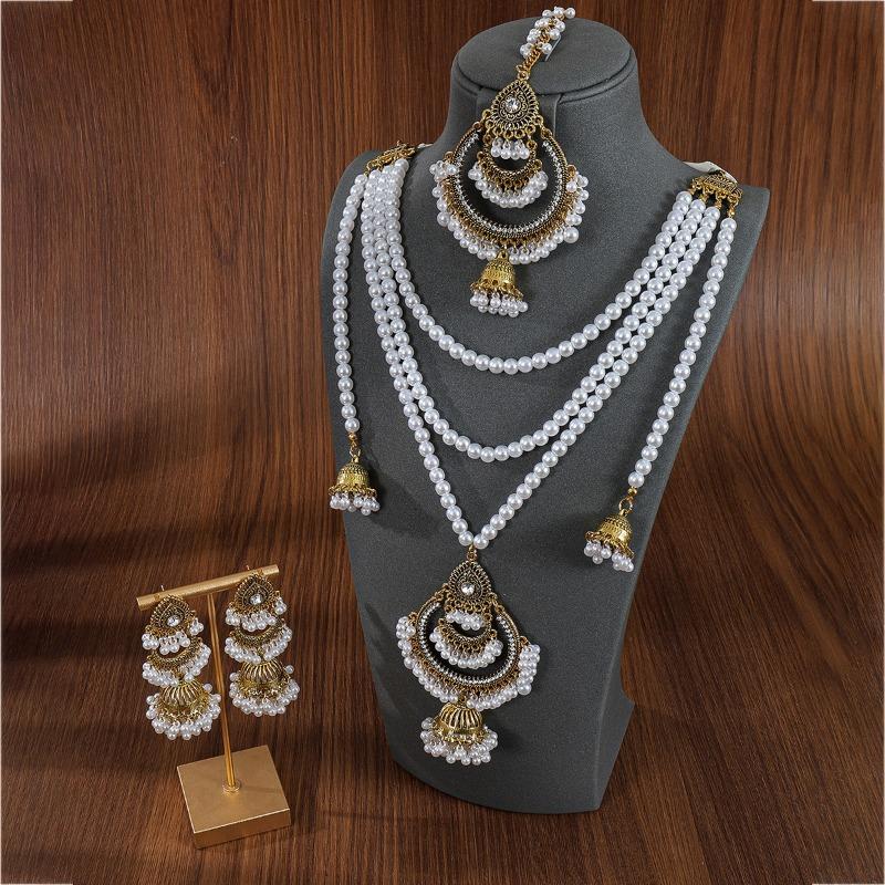 Multi-layer Pearl EarringsNecklaces Hair Chain SetsHigh-end Retro Ethnic Style Accessories