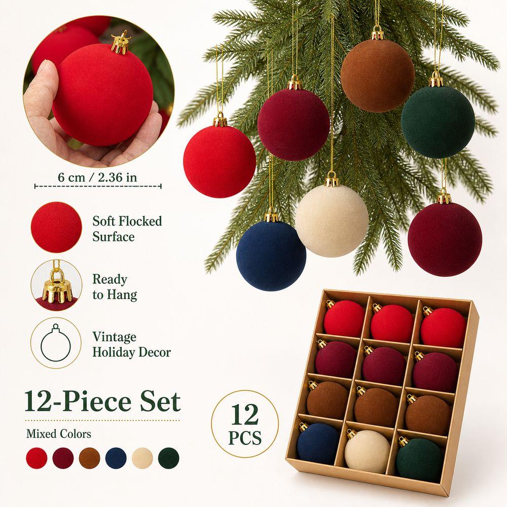 12pcs 6cm Christmas Ball Ornaments Round Shape Gold Hanging Caps Flocked Christmas Hanging Ball Vintage Style
