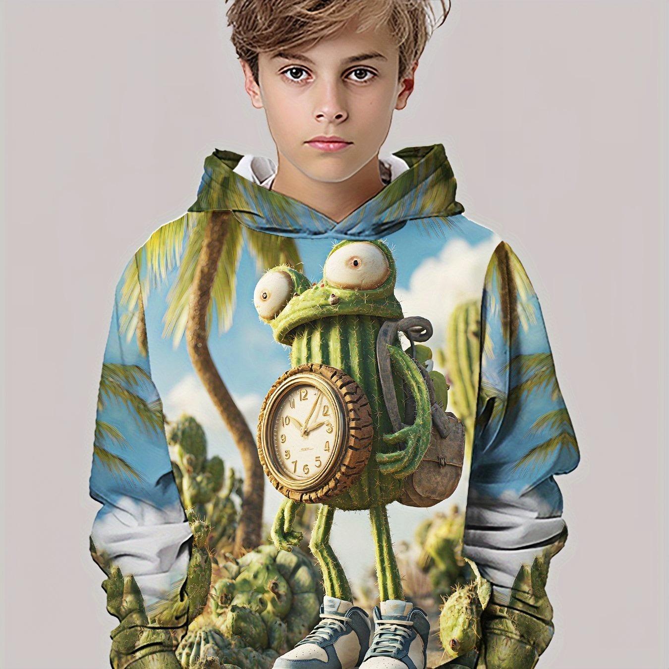 

3D digital printing fantasy desert cactus frog backpack clock pattern hooded sweatshirt, fashionable and trendy casual children s clothing 13-14Y