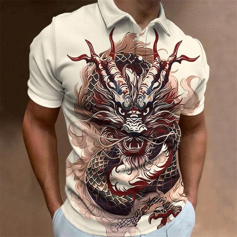 Bold Dragon Print Short Sleeve Polo Shirt, Casual Men's Fashion Top
