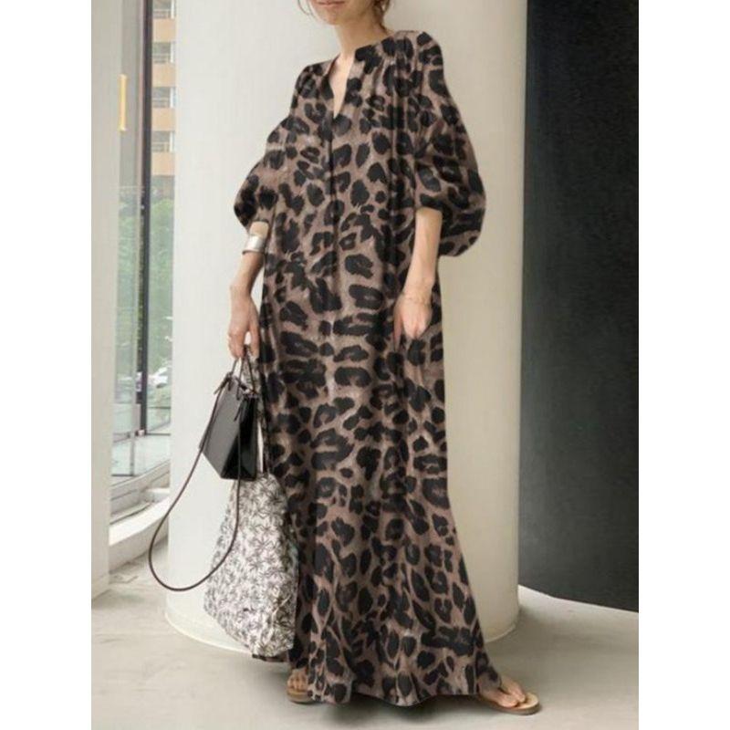 New Leopard Print Print Casual Bubble Long Sleeve Dress