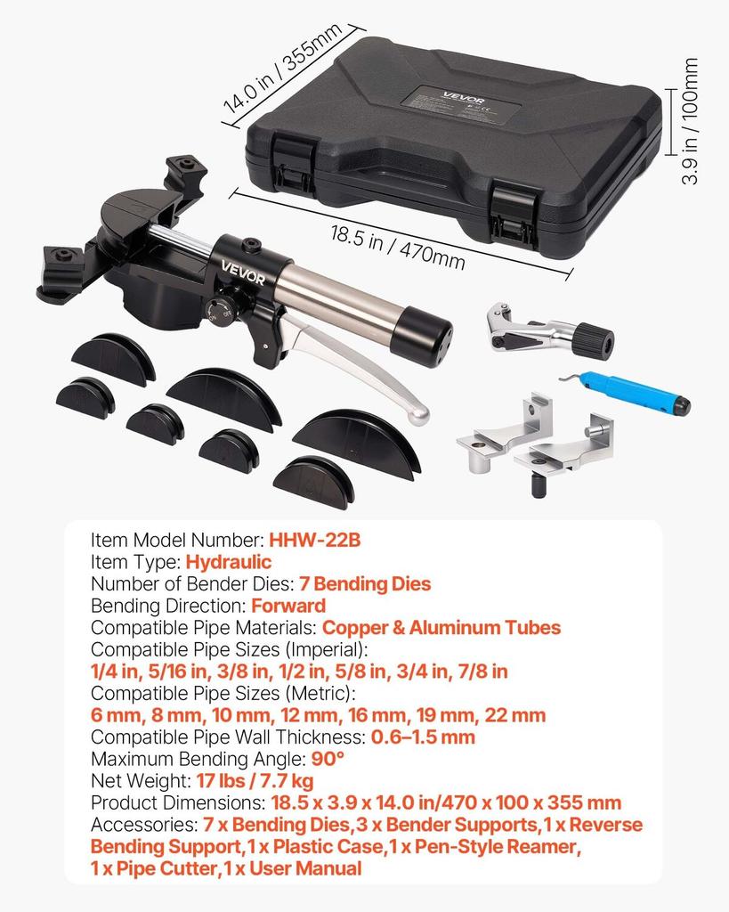 Hydraulic Tubing Bender Kit, 6 mm to 22 mm, Copper Tube Pipe Bender, Forward/Reverse HVAC Bending Tool Set, with 7 Aluminium Alloy Dies, for HVAC Air
