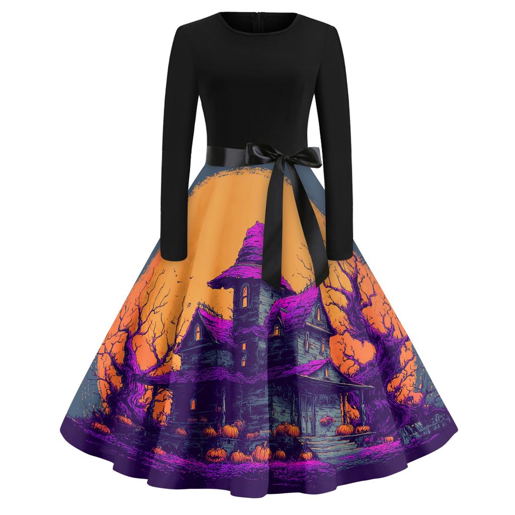 Women's Casual Fashion Round Neck Halloween Printed Vintage Dress