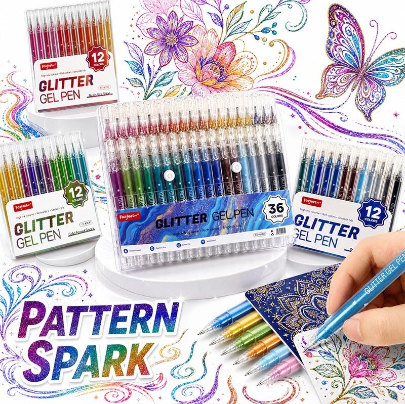 Colorful Glitter Gel Pens 12/36pcs Set 0.8mm Fine Point Vibrant Sparkle Highlighter Liner Stackable Shimmer Pattern