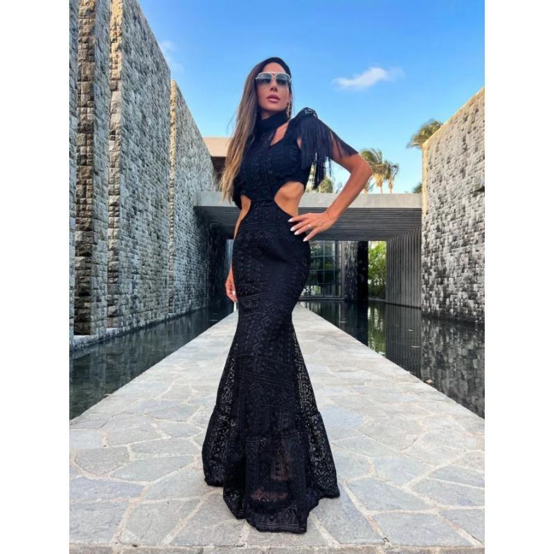 Sexy White Lace Women Dress Turtleneck Tassel Sleeve Slim Naked Waist Hollow Out Long Dress Summer Beach Female Knit Robe