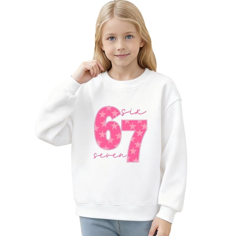 European sizes Cotton Crewneck Sweatshirt with Pink Star Pattern 67 Six Seven Print for Kids Casual Wear Ideal Gift for Kids