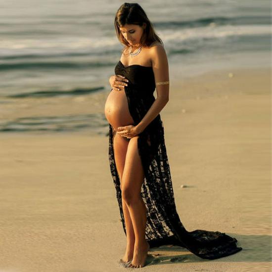 Elegant V-Neck Lace Maternity Dress for Photoshoots Large