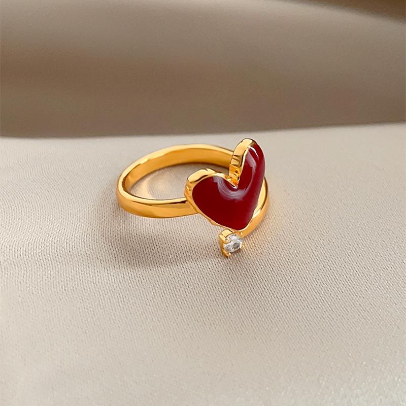 

18K Real Rose Gold Plated Copper Stylish Red Enamel Love Heart CZ Cubic Zirconia Open Adjustable Cocktail Rings for Women resizable