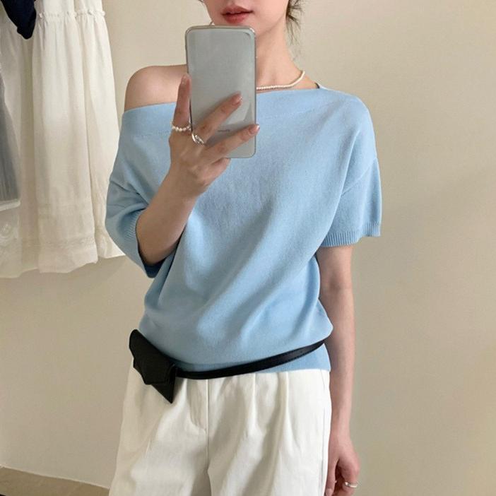 Summer Casual Sweater Women's Slanted Collar Black Stripe Pullover Harajuku Women Short Sleeve Tops Knitwear Trending Sweaters