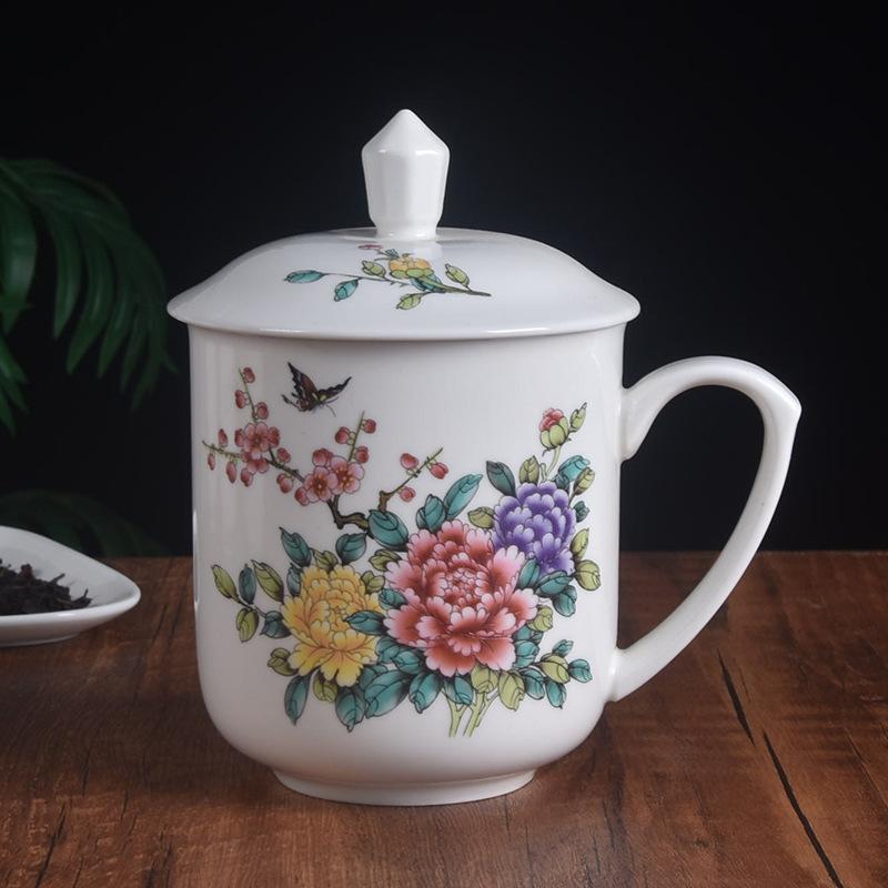 Ceramic teacup 900ML large-capacity office cup conference cup with lid gift cup set household water cup